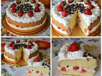 Torta soffice con crema chantilly, fragole e gocce di cioccolato